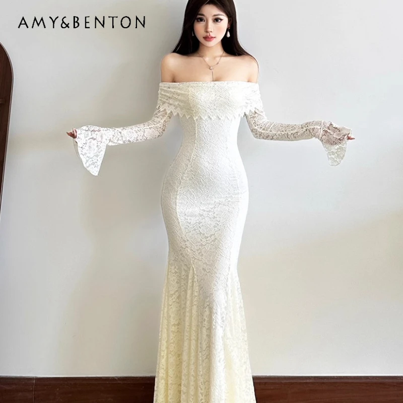 

French Classic Lace Folded Edge Off-Shoulder Long Sleeve Women's Dress Autumn White Elegant Sexy Slimming Bodycon Dresses Ladies