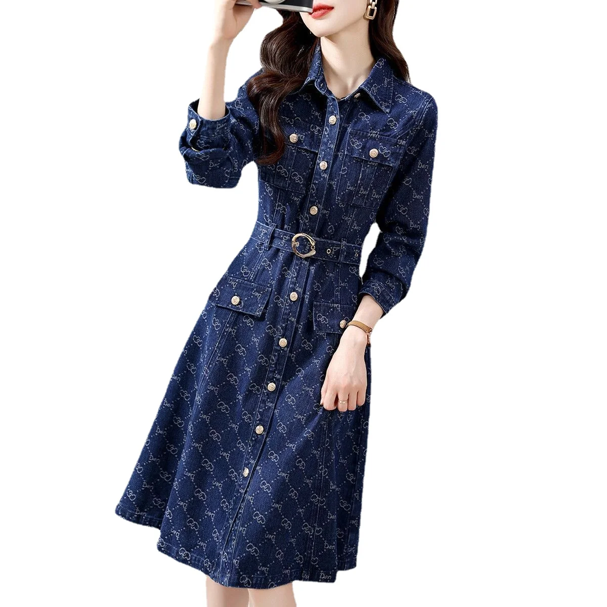 

High grade printed denim dress Korean version 2023 new spring and autumn long sleeve commuter