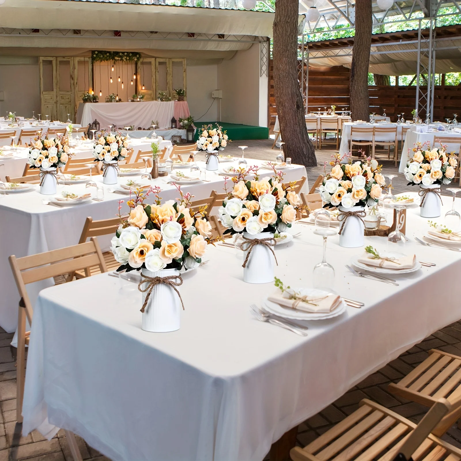 

12 Sets Wedding Centerpiece for Table Artificial Rose with Vase Fake Bouquets And Metal Pot Floral Arrangements for Party