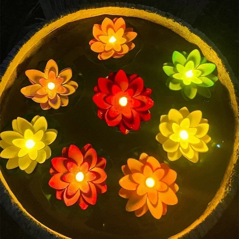 6PCS LED Multicolor Lotus Sensor Night Lamp Floating Water Glow Flower Lamps Garden Fish Tank Decor Festive Wishing Lotus Light