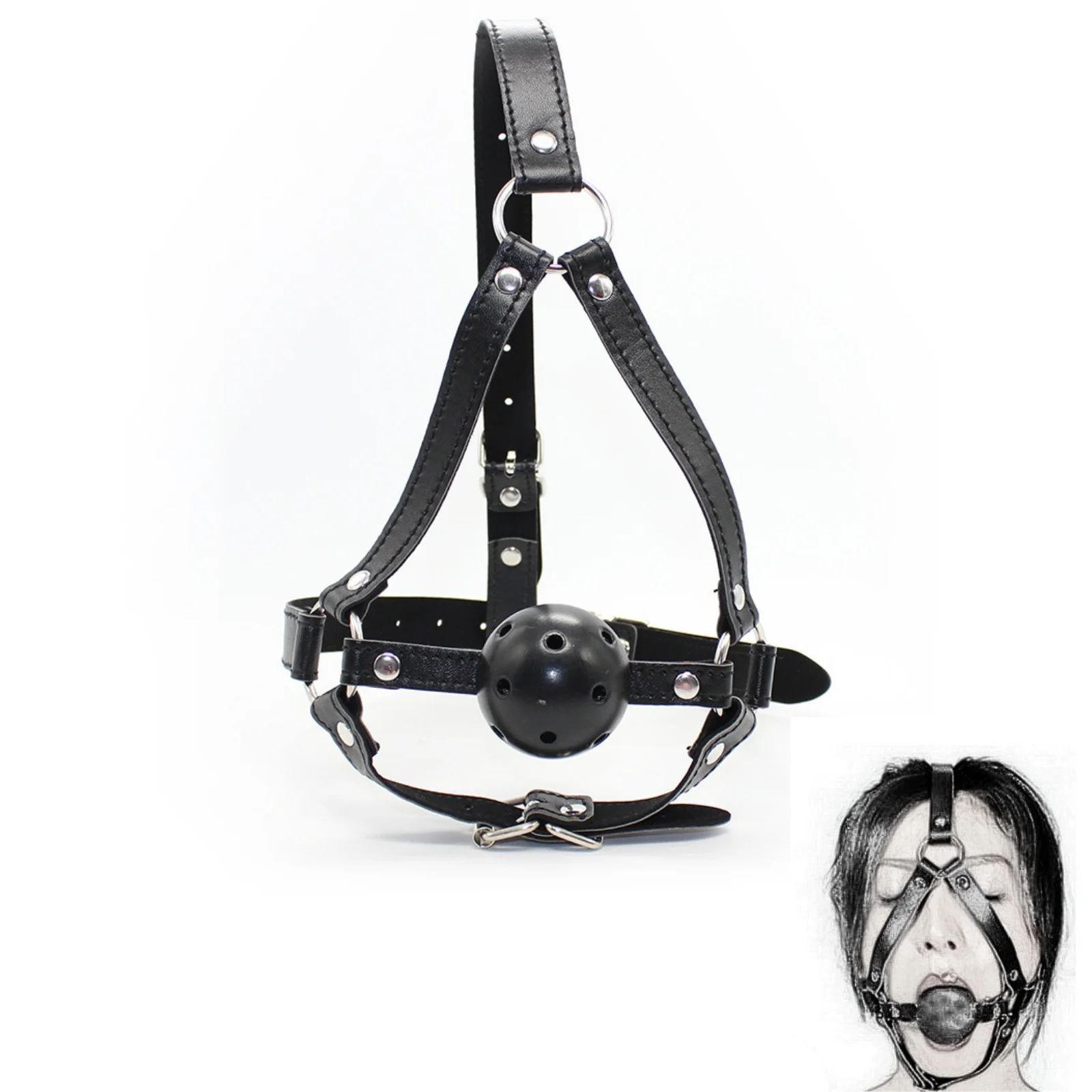 القيود الجلدية الكرة الفم المكونات، عبودية الكرة الكمامة مع الفم الكمامة قابل للتعديل رئيس تسخير، مجموعة ألعاب القيود BDSM #1