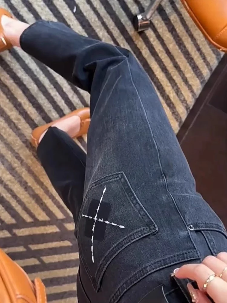 

Джинсы с высокой талией и прямым кроем для женщин, весенняя новинка, большие размеры, для фигуры типа «груша», для невысоких, эластичные, укороченные, черные, серые