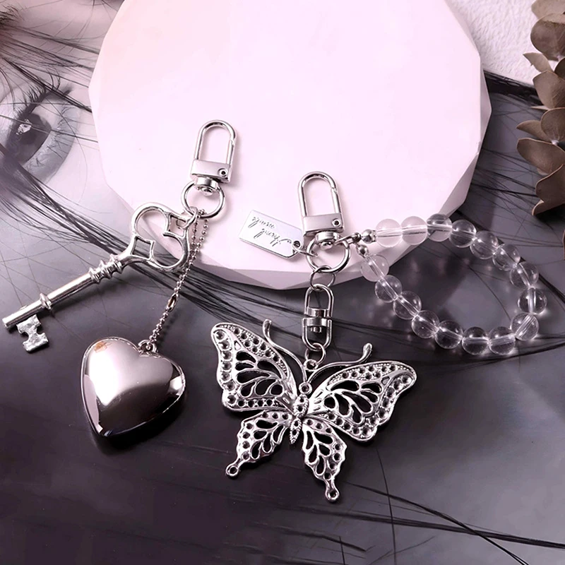 Ins Style Silver Heart Key Chain Metal Butterfly Pendant Headphone Case Charm Bag Decor Car Key Ring