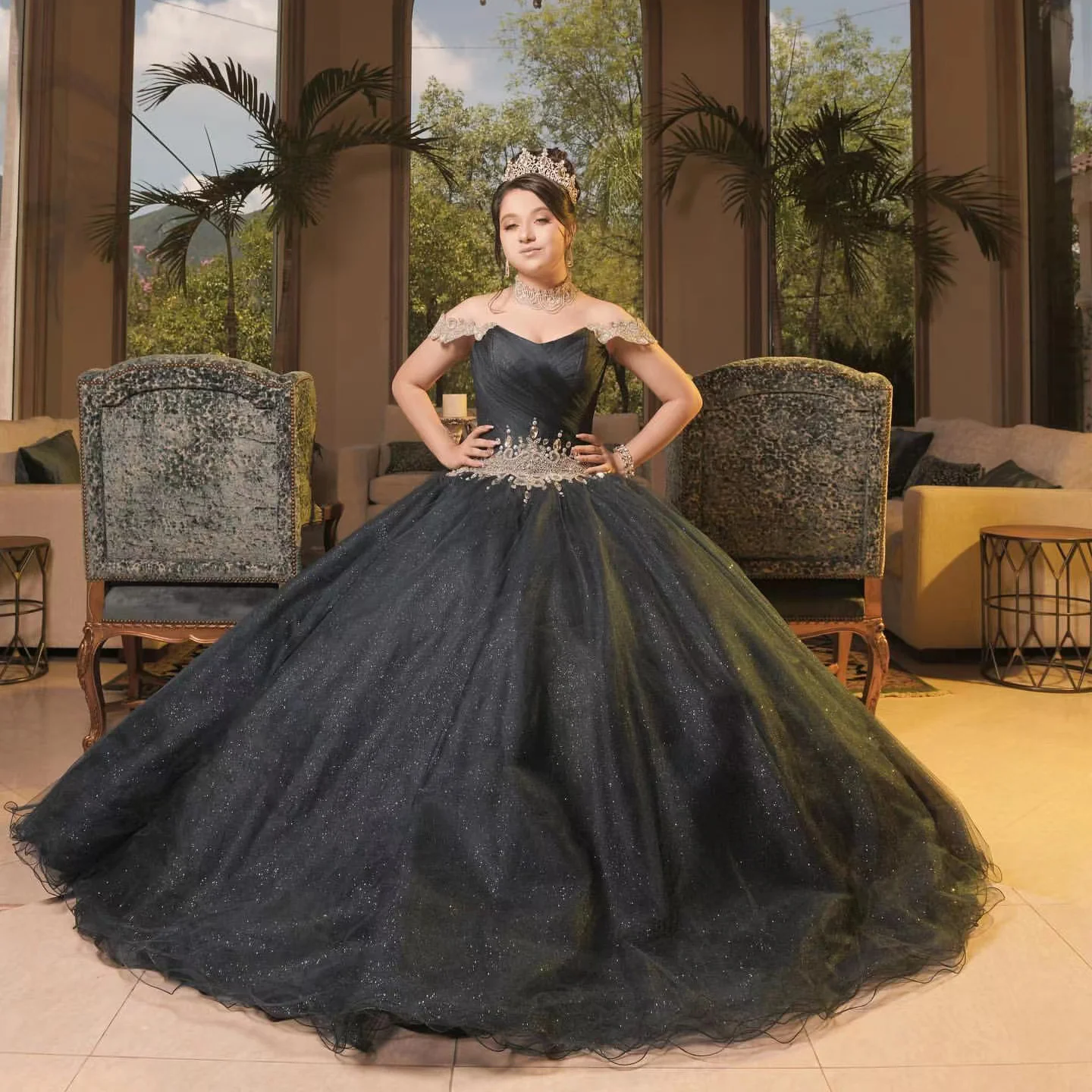 فستان أسود لامع Quinceanera Dresse 2022 للفتيات 16 الكريستال الأميرة الكرة ثوب حفلة عيد ميلاد حفلة موسيقية فستان vestidos de 15 años