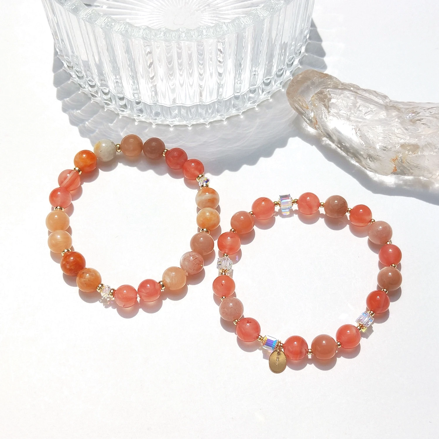 Lii Ji Natural Carnelian Sunstone Orange Calcite 8mm 14K Gold Filled Charms Elastic Bracelet Handmade Fashion Jewelry