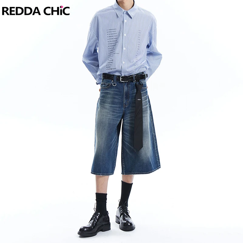 

REDDACHiC Men Retro Key Ring Brushed Denim Shorts Distressed Low Rise Whiskers Baggy Jeans Jorts Skater Dancer Hiphop Clothes