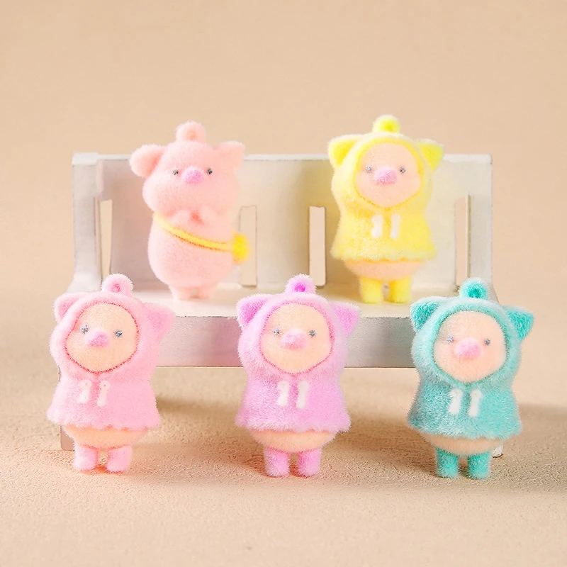 

30pcs Cartoon Resin Raincoat Pig Charms cute Flocked dolls pendant for DIY handicraft Jewelry Earrings keychain make Accessories