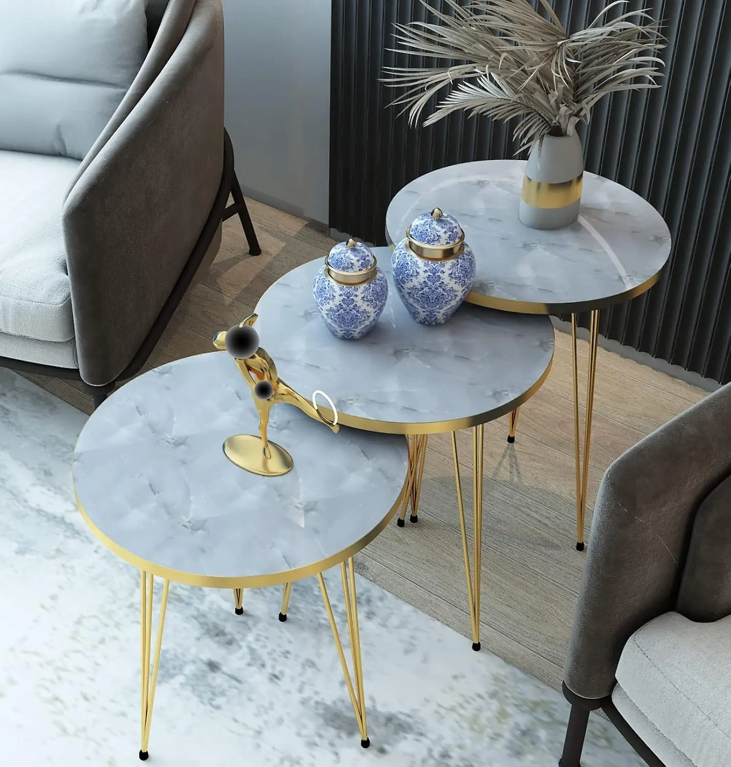 Set of 3 High Gloss White Marble Gold Legs Nesting End Tables Round Wood Stacking Coffee Side Accent Table with Metal Legs for L