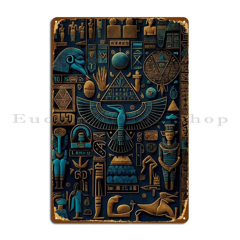 Olden Egyptian Blue And Yellow Pictograms And Hieroglyphs Ancient Religious Metal Plaque Poster Bar Cinema Tin Sign Poster