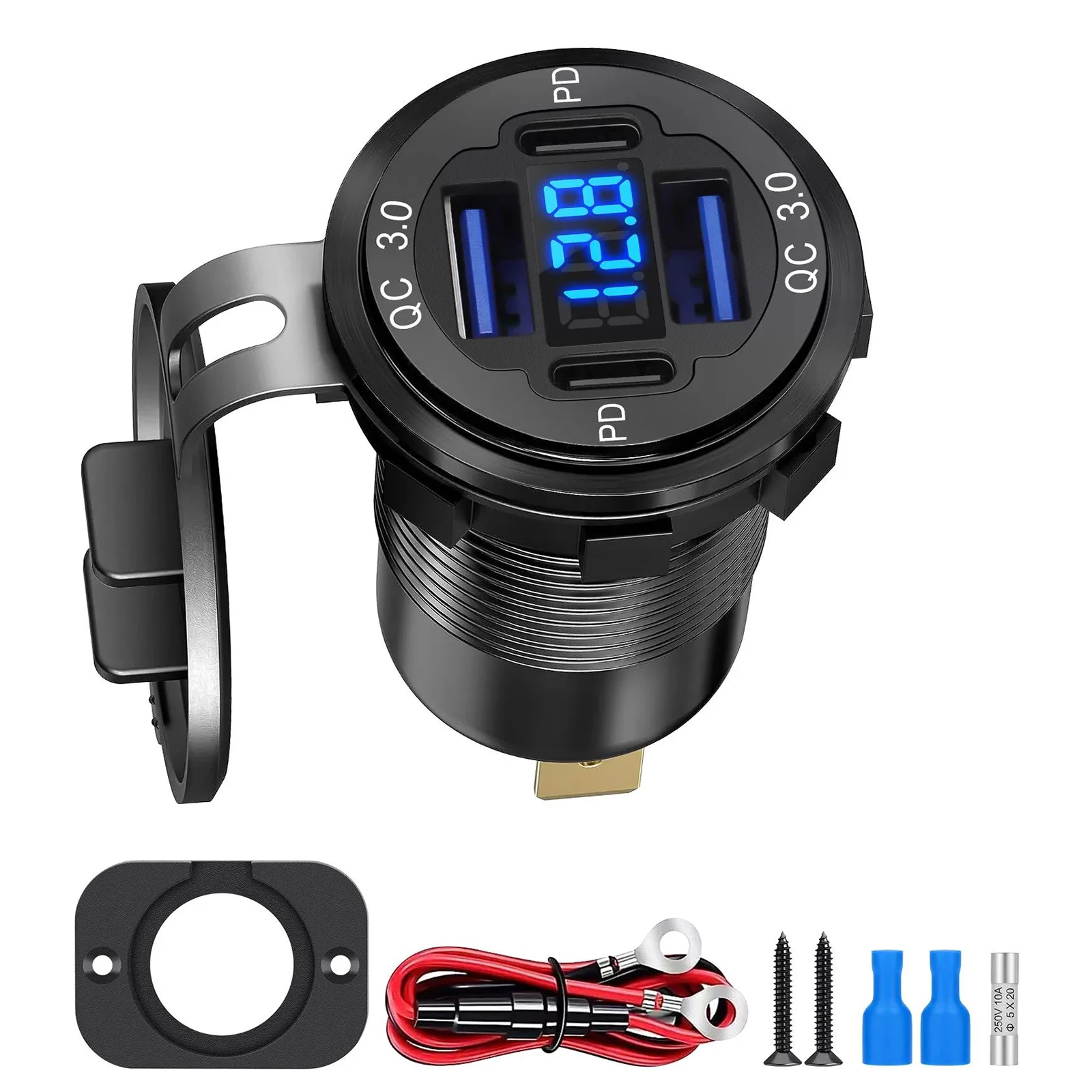 78W Dual PD QC3.0 USB Car Motobike Charger With Voltmeter Socket Power Outlet Adapter Waterproof For 12V/24V Car Boat Truck Moto