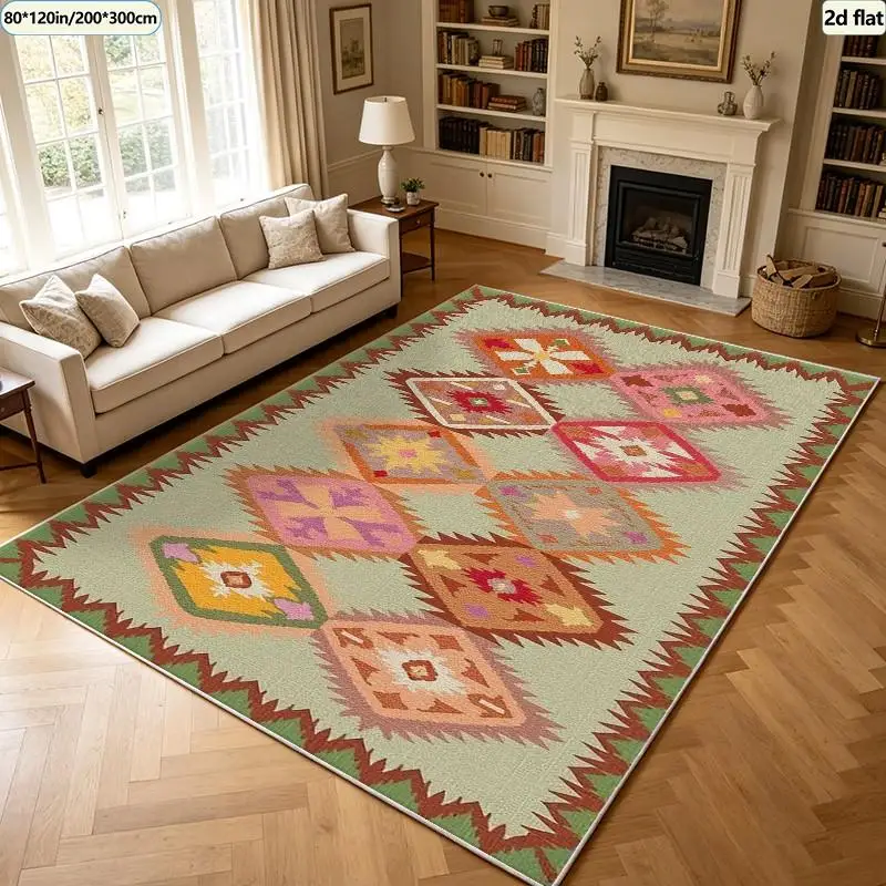 Vintage Kilim Bohemian Style Diamond Geometric Pattern Carpet Non-Slip Carpet Soft Indoor Living Room Bedroom Decorative Floor Mat
