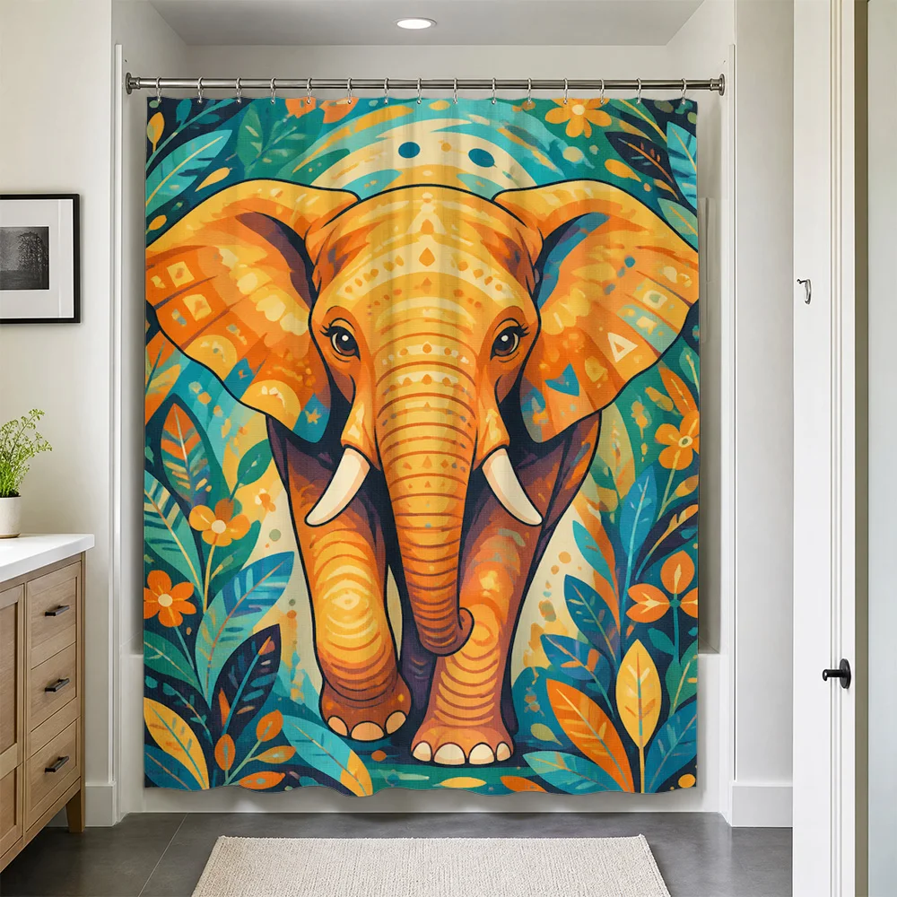 Vibrant Tropical Elephant Shower Curtain Waterproof Bathroom Shower Liner Boho Jungle Decor Artistic Animal Print Tapestry Curta