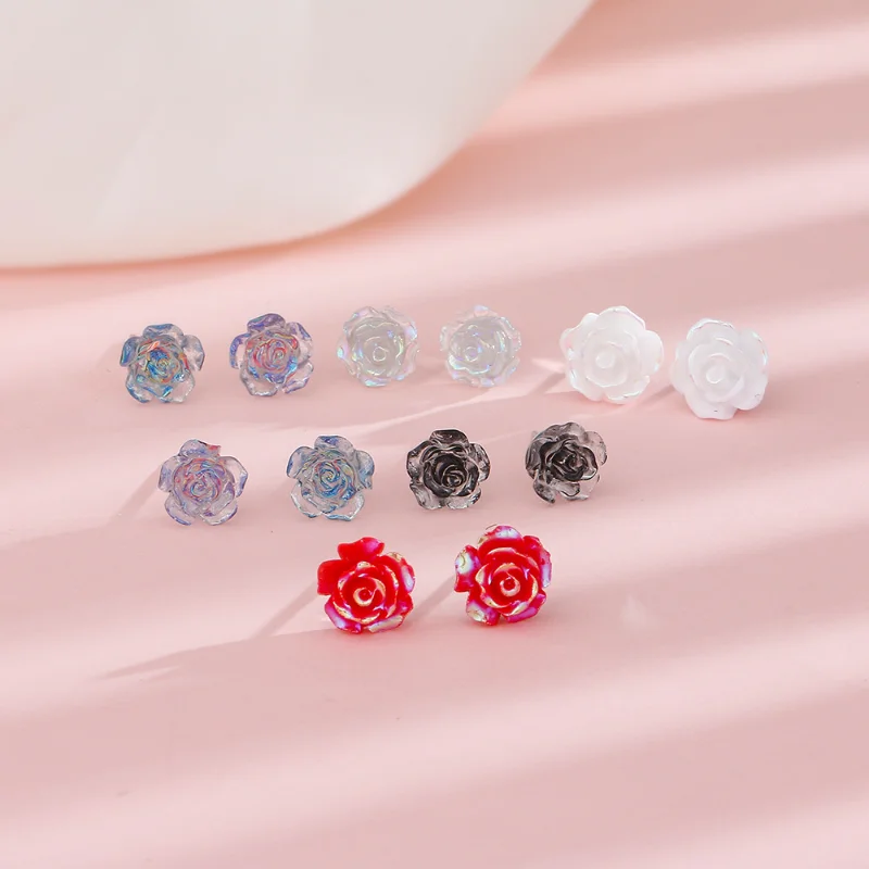 Sweet Rose Stud Earrings for Women Girl Cute Small Flower Stud Earring Korean Fashion 3-Color Trendy Jewelry Gift