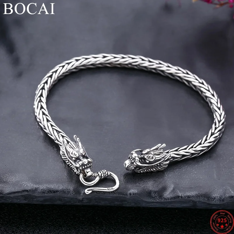 

BOCAI S925 Sterling Silver Bracelets for Men Women New Fashion 6mm Horsewhip-chain 3D Loong Heads Punk Jewelry Free Shipping