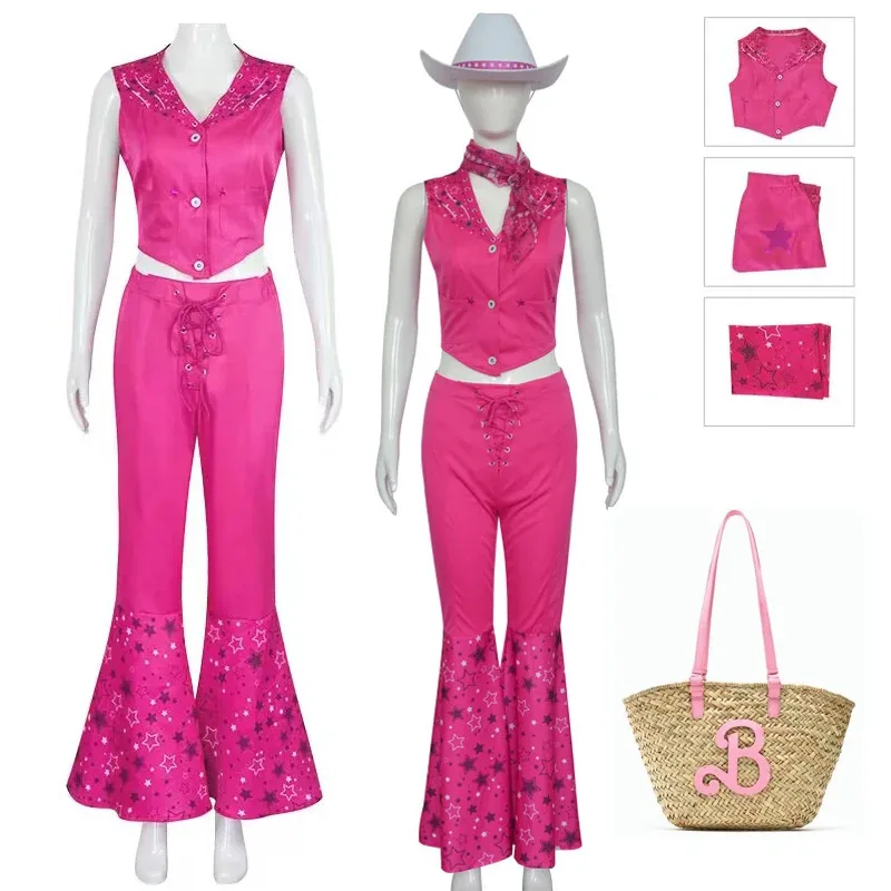Film Margot Robbie Barbe Costume Cosplay Anni '70 '80 Hippie Disco Cowgirl Outfit Gilet Pantaloni a zampa d'elefante per le donne Signore Festa di Halloween