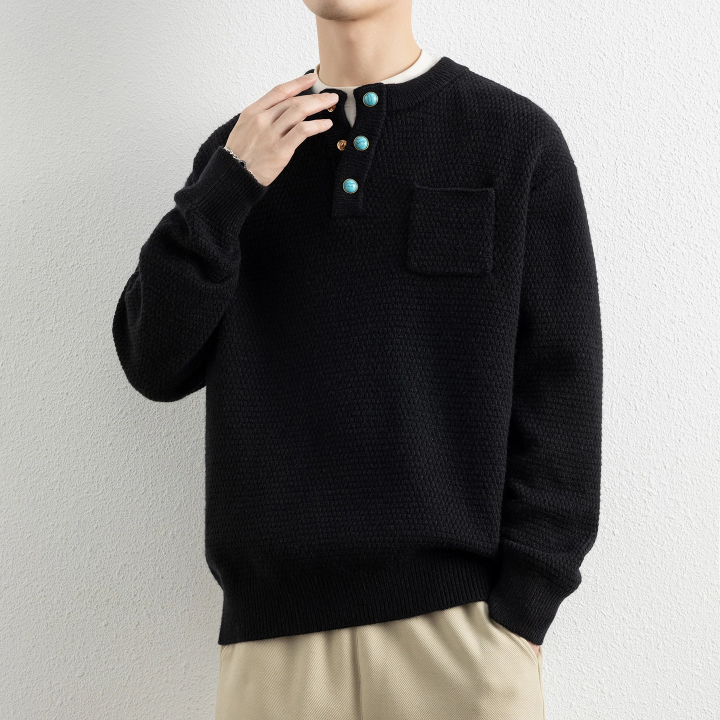 

Мужской вязаный свитер в стиле ретро с воротником хенли, толстый, для зимы, повседневный, удобный, с длинным рукавом, базовый, модный