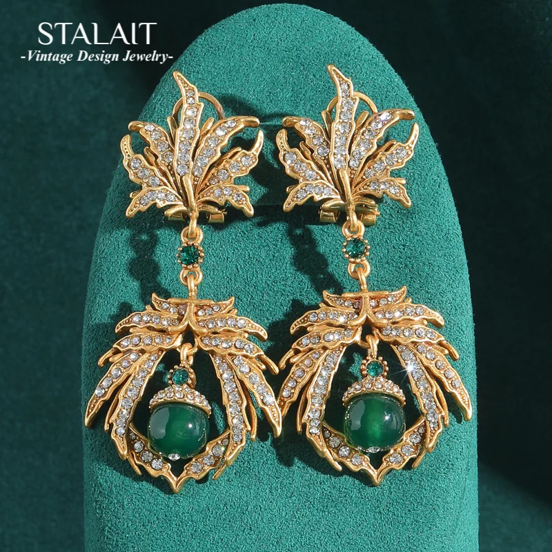 

Vintage Jewelry Rhinestones Leaf Statement Earrings Large Green Stone Drop Gold Color For Woman Charm Luxury Antique Accessories