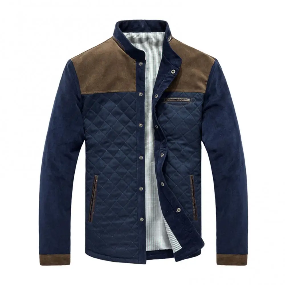 Corduroy Men Jacket Long Sleeve Stand Collar Color Block Buttons Up Baseball Jacket Loose Casual Jacket Men's Cargo Jackets