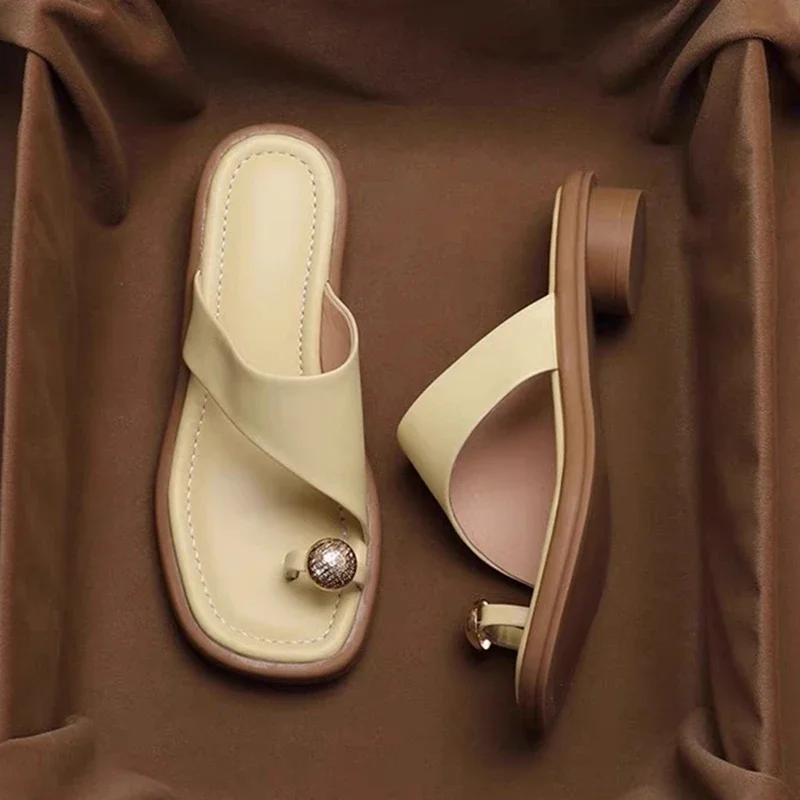 Women Chunky Heels Slippers 2023 Summer French Elegant Square Toe Sandals with Metal Buckle Decoration Low Heel Slippers Women