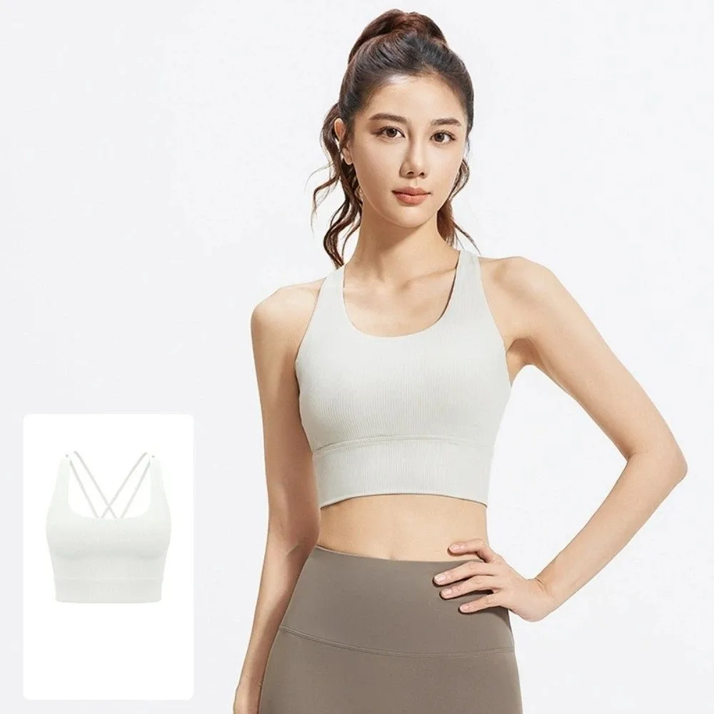 Crossover Patterned Women's Sports Yoga Bra with Fixed Pads Shockproof Yoga Underwear Bra Brassiere Lingerie Seamless Vest