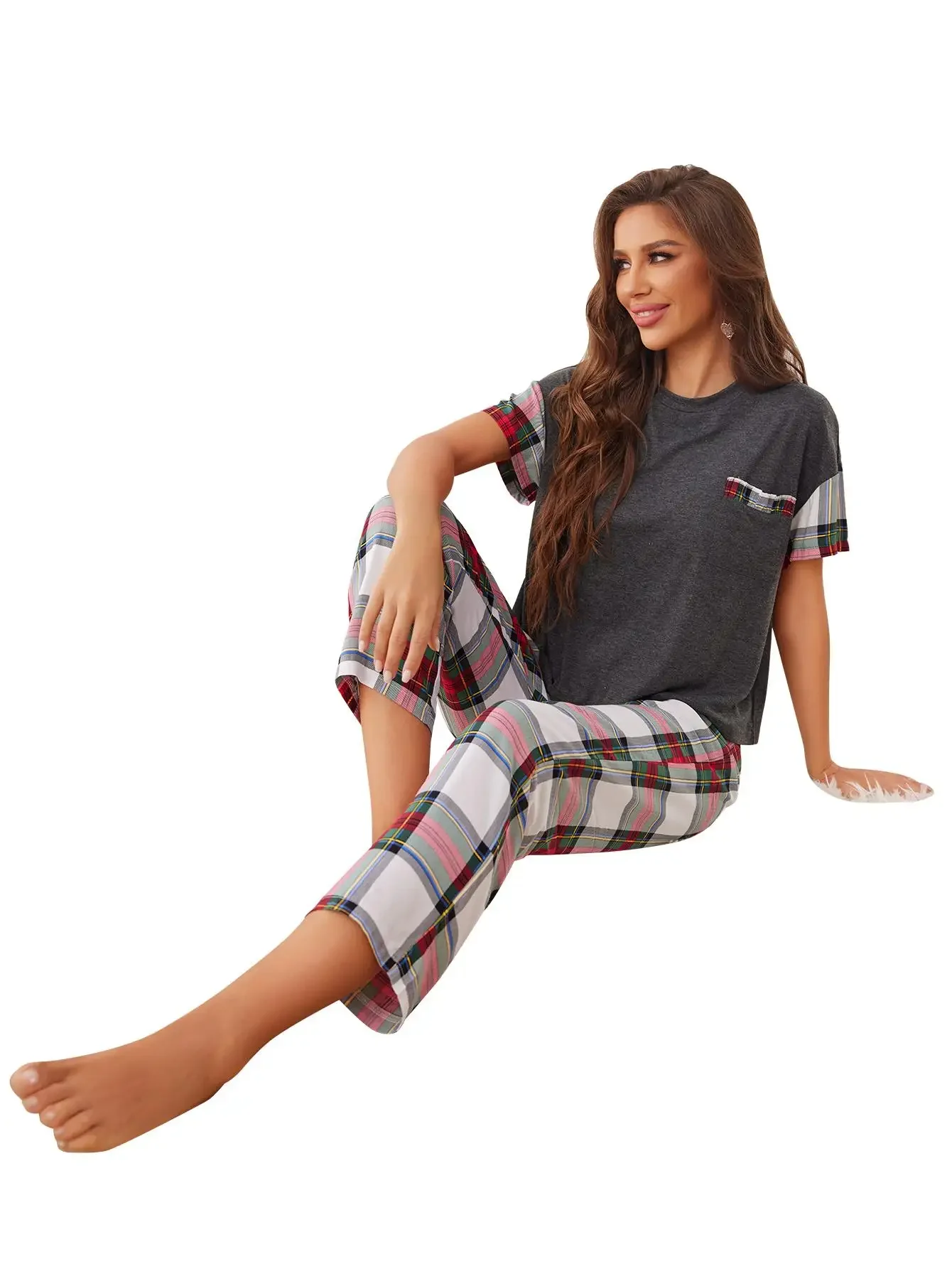 Women Pajama Sets Short Sleeves O Neck Top&Full-Length Plaid Pants Female 2 Piece Female Sleepwear Nightwear Homwear With Pocket