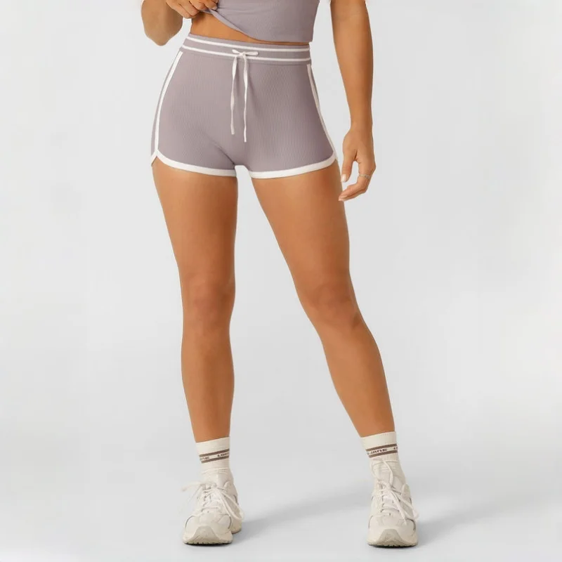 Women High Waist Contrast Edge Drawstring Shorts Elastic Hip Shaping Short Pants For Gym Yoga Fitness Training Daily Exercise