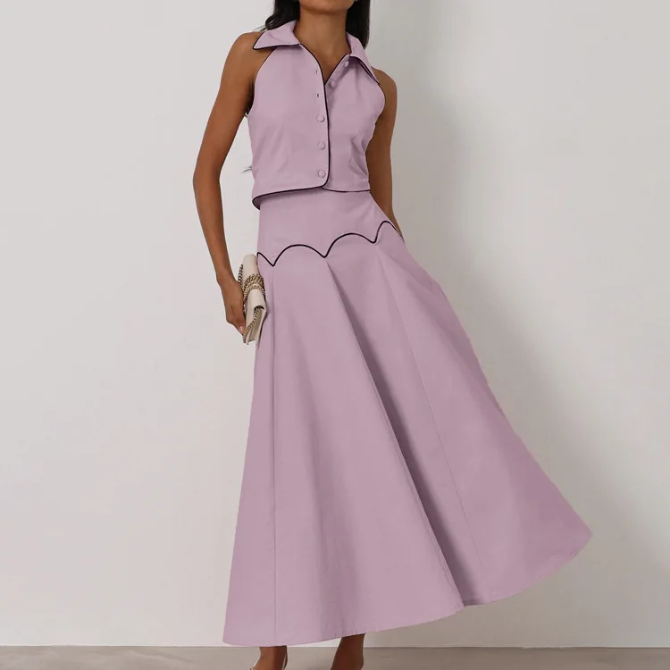 French  long skirt set women's lapel sleeveless cardigan top design sense a-word skirt two-piece set