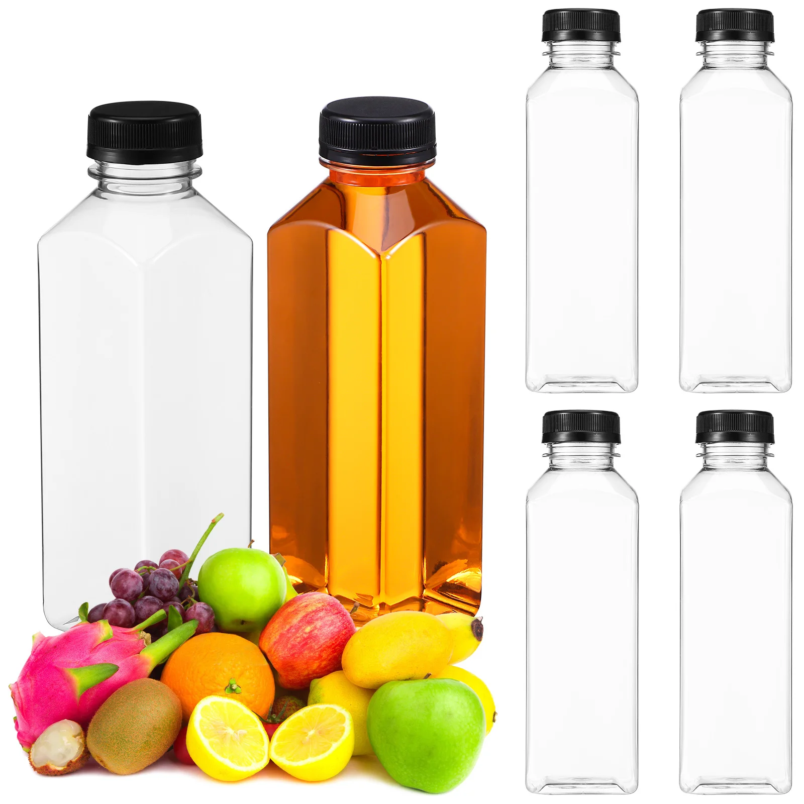 

6Pcs Square Juice Bottles Clear Reusable Beverage Bottles Leakproof Caps Space Saving Multipurpose Reusable Drinks Containers