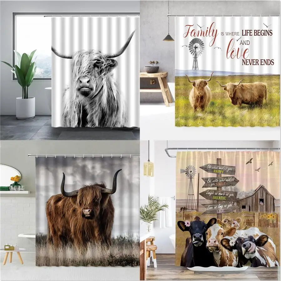 Cow Bull Shower Curtain Hooks Western Wildlife Animal Funny Cute Modern Fashion Bathroom Curtain Polyester Fabric Bath screens