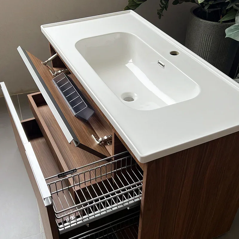 Bathroom cabinet, storage, antique walnut, ceramic integrated basin