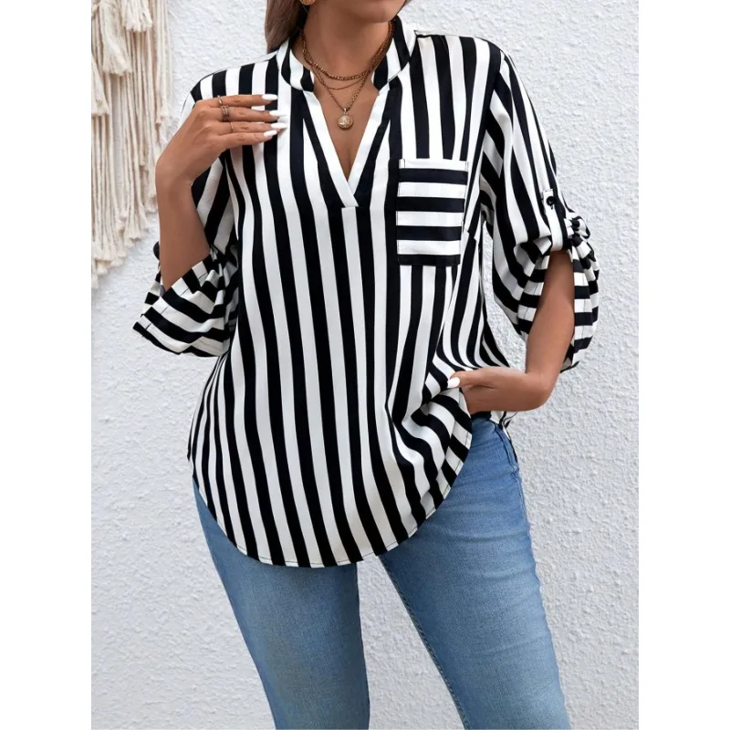 プラスサイズ 1XL-5XL 女性のファッションストライププリント半袖シャツレディースカジュアルラペルシャツルーズでエレガントなボタンシャツ