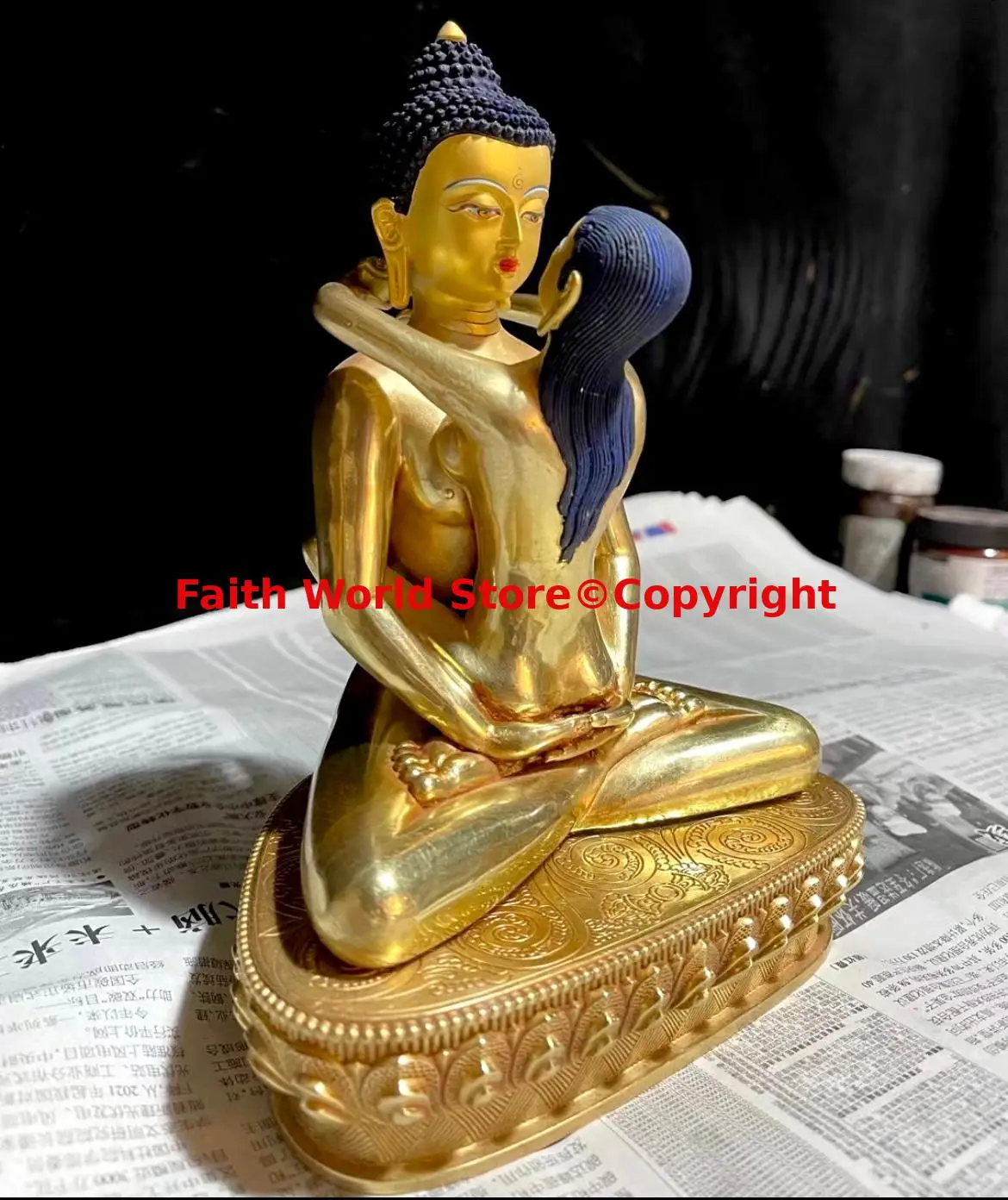 Seltene Boutique handgemachte Buddha Statue Samant abhadra Urbuddha Yab-Yum Figur des Buddha Kupfer Vergoldung 8 Zoll Buddhismus