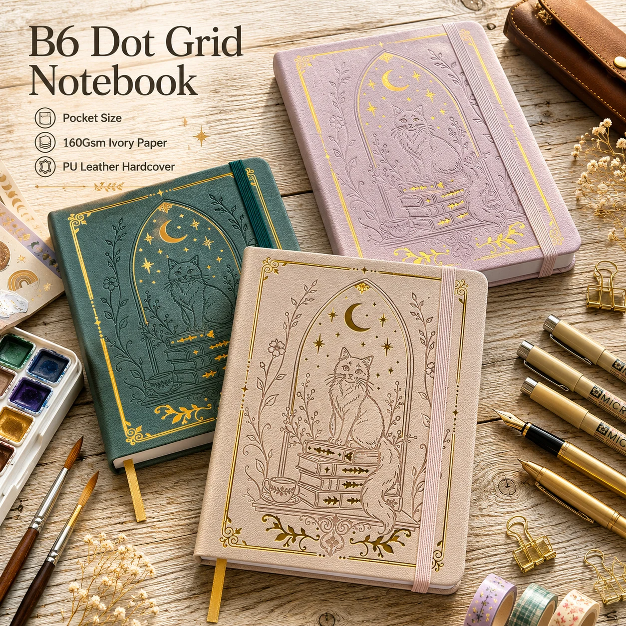 Image of B6 Punktraster-Notizbuch, 160 g/m² elfenbeinfarbenes Papier, 5 mm gepunktete Seiten, flach liegender Hardcover-Einband mit Goldfolien-Katzen-Mond-Design, elastischer Verschluss