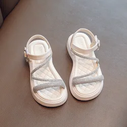 Sandalias de verano para niñas, zapatos de princesa con suela suave y diamantes de imitación, con punta abierta, novedad de 2023