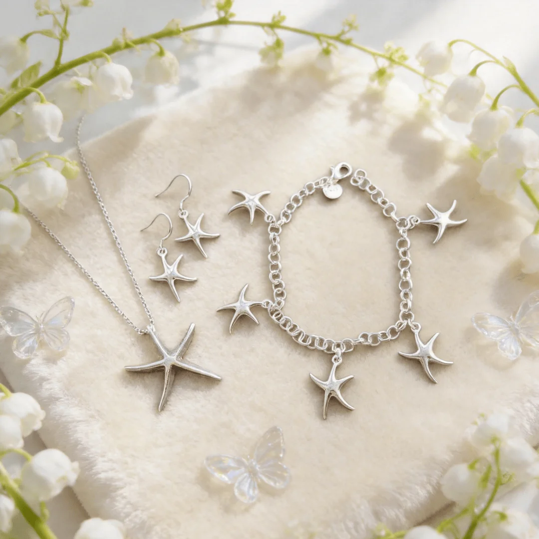 Fashion kpop bar Jewelry set 925 sterling Silver unique starfish Pendant Bracelet necklace earrings for women Party Gift wedding