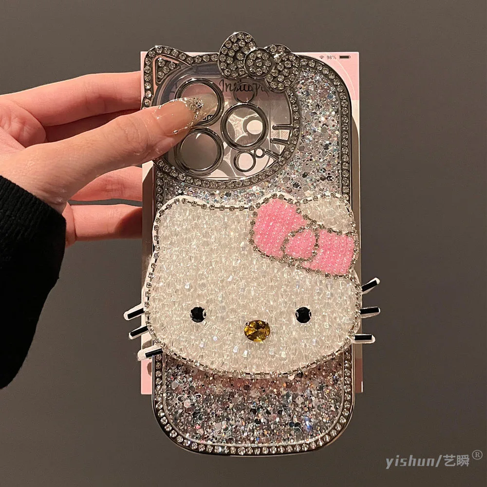 Full Diamond Hello Kitty Iphone 15Pro 16Promax Phone Case Girlish Heart 14Plus 13/12 Cartoon All Inclusive Phone Case Girl Gift