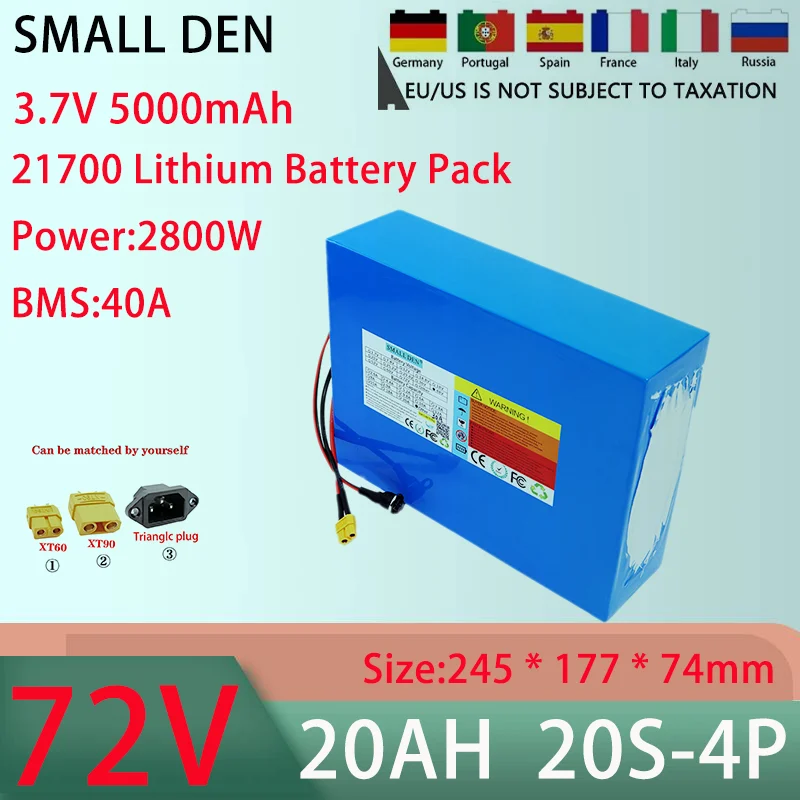 Lithium Battery Pack, 72V, 20AH, 20S4P, 21700, 40A, BMS, 100-3000W, High-Power Rechargeable Battery, 84V, 5A Charger, New