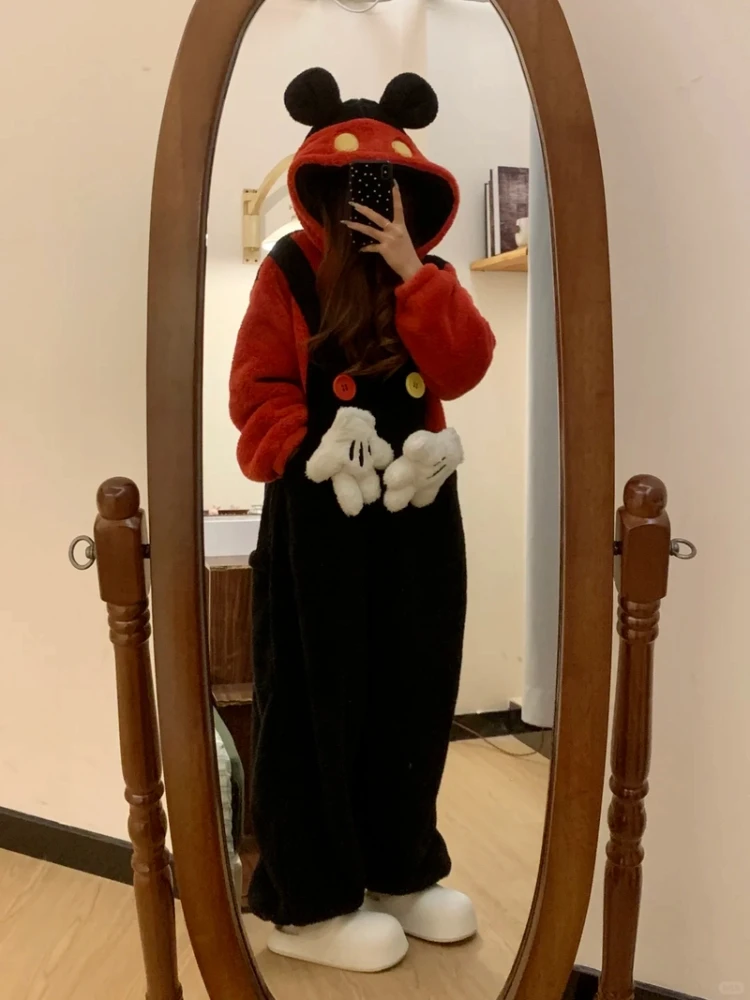 

Cartoon Mickey Robe Fleece-Lined Hooded Pajamas Women'S Autumn Winter Cute Thick Warm Loungewear Casual Outdoor Kawaii Girl Gift