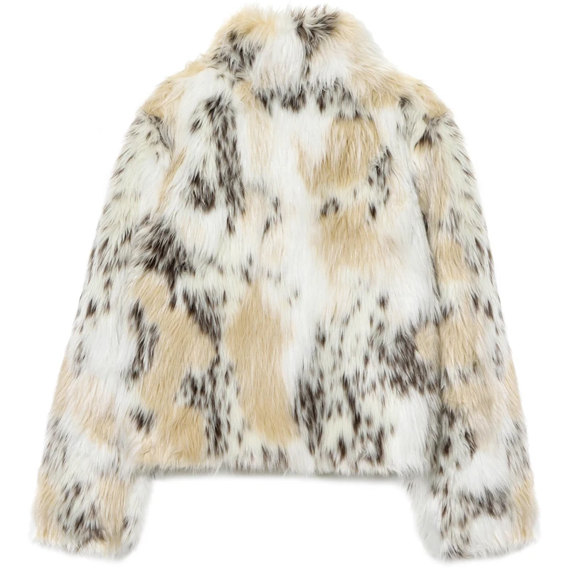 HXAO 2025 ليوبارد رقيق سترة سترة نسائية أفخم فو الفراء معطف ديمي الموسم المحاصيل شعر ملابس خارجية محشوة كم طويل جاكيتات #3