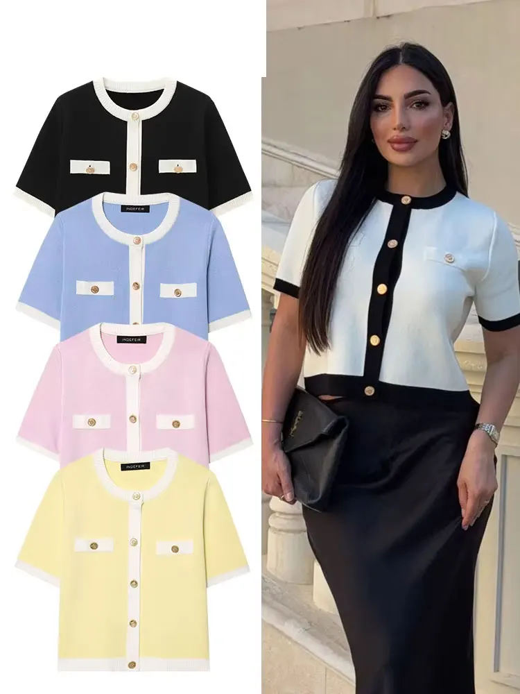 

HH Vintage Knitted Cardigan For Women Autumn Fashion Short Sleeves O Neck Single-breasted Color Spelling Sweater Chic Tops