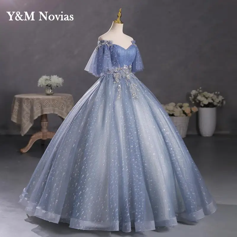 Y & m novo cinza azul quinceanera vestidos plus size vestidos de baile com mangas inchado vestidos para formatura doce 16 vestido de 15anos