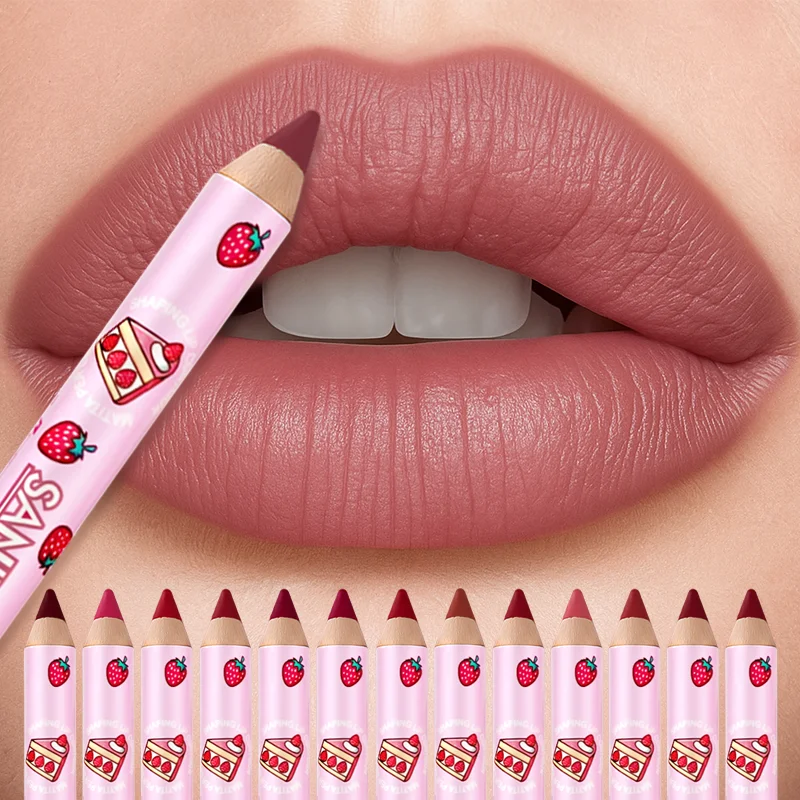 ลิปสติกเนื้อแมท 1 ชิ้นและปากกาลิเนอร์, กันน้ำ, ติดทนนาน, ไม่ติด, เบอร์รี่เฉดสีสำหรับทุกสภาพผิว, ดินสอแต่งหน้าสำหรับผู้หญิง
