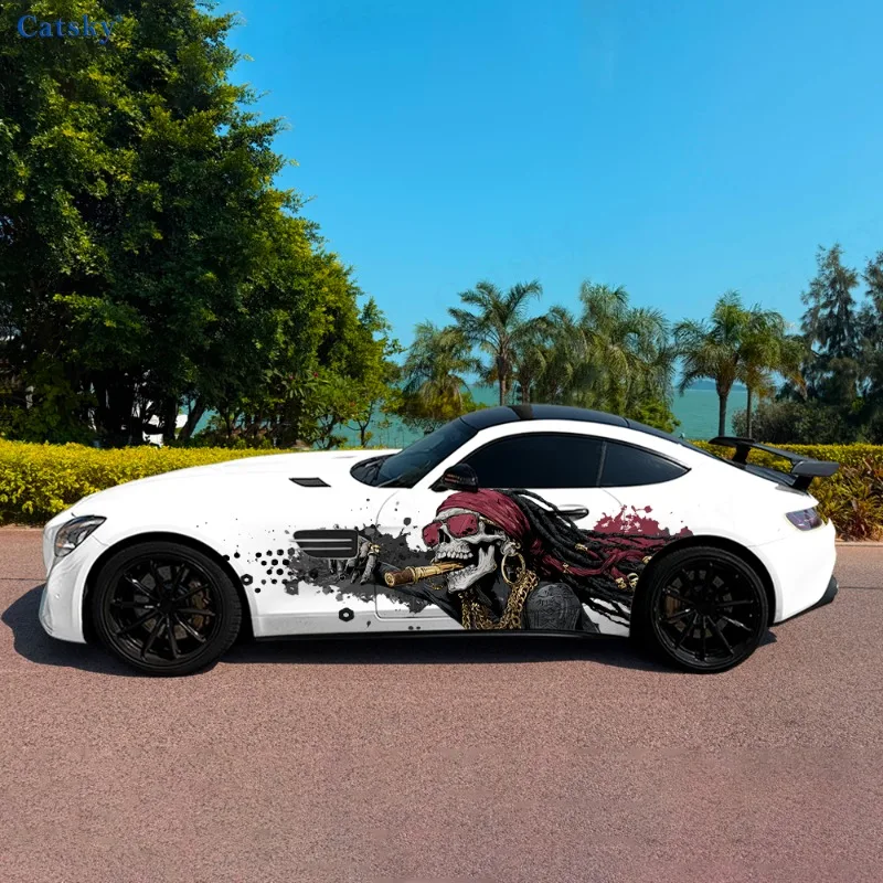 

CATSKY.2pcs. High-Quality Dreamy Cool Hip-Hop Gold Chain and Skull Car Wrap Sticker, Suitable for Any Car Model, Decorative and