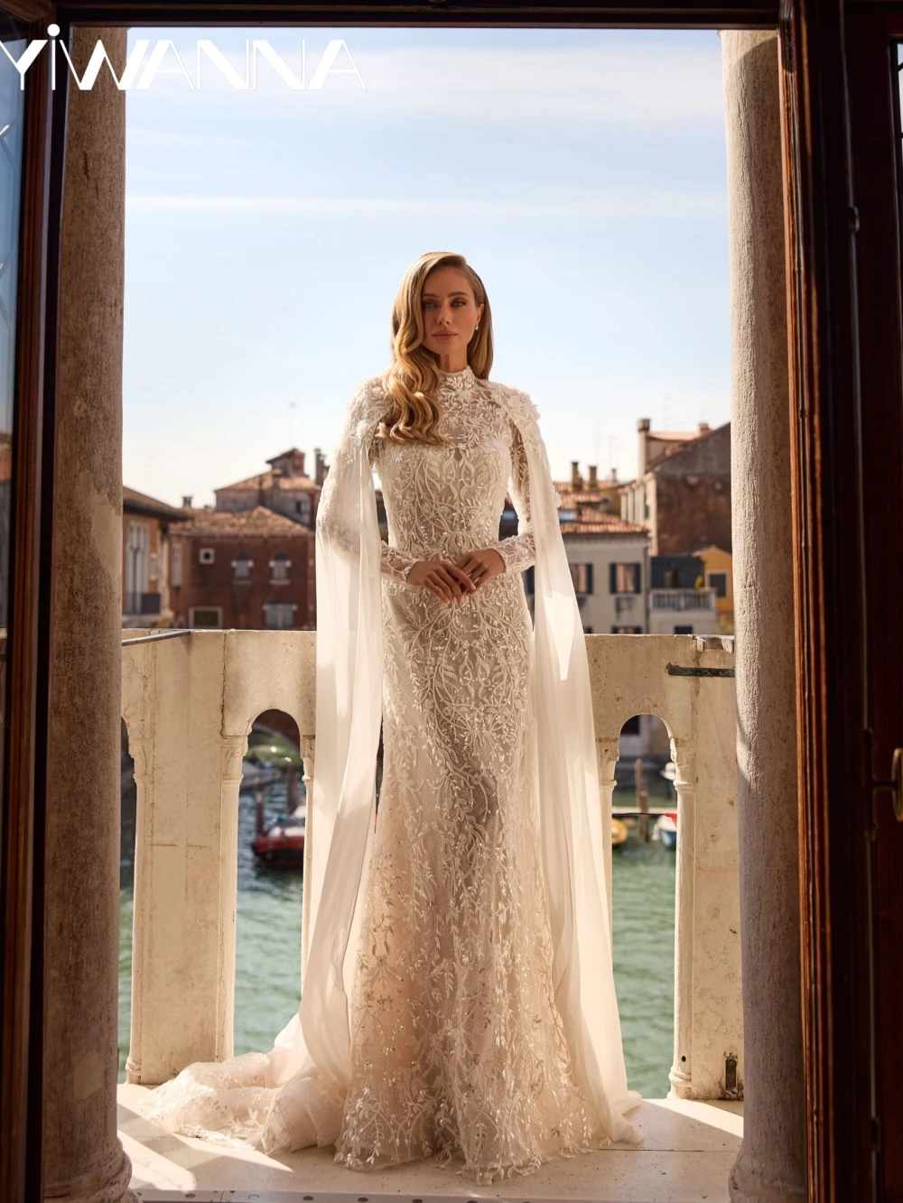 فستان زفاف حورية البحر مطرز بالخرز مع أكمام كيب متواضع بياقة عالية فستان زفاف 2026 فساتين جديدة مخصصة للعروس #1