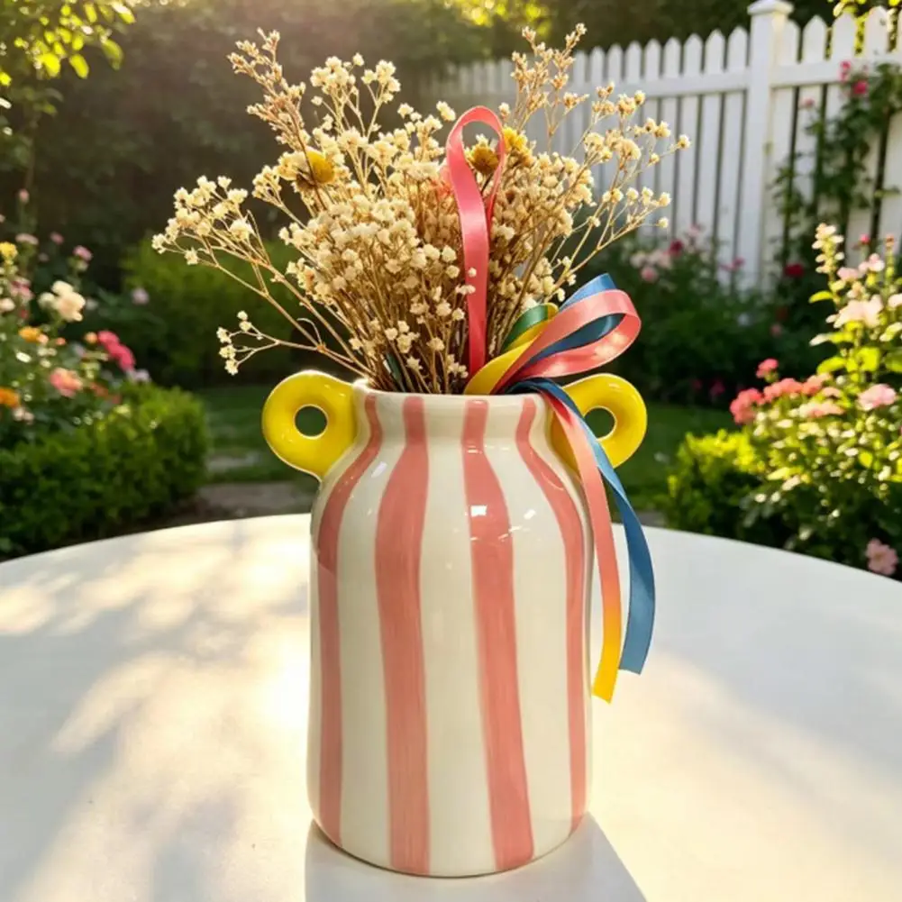 Ceramic Striped Flower Vase with Dual Handles, Hand Painted Small Decorative Vase for Flower, Pampas Grass, Wide Mouth Bud Vase