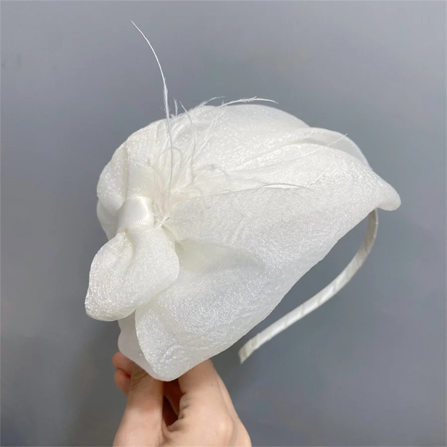 New bow hat headband for ladies and girls, elegant feather gauze material, sweet aristocratic hair accessories, headband party