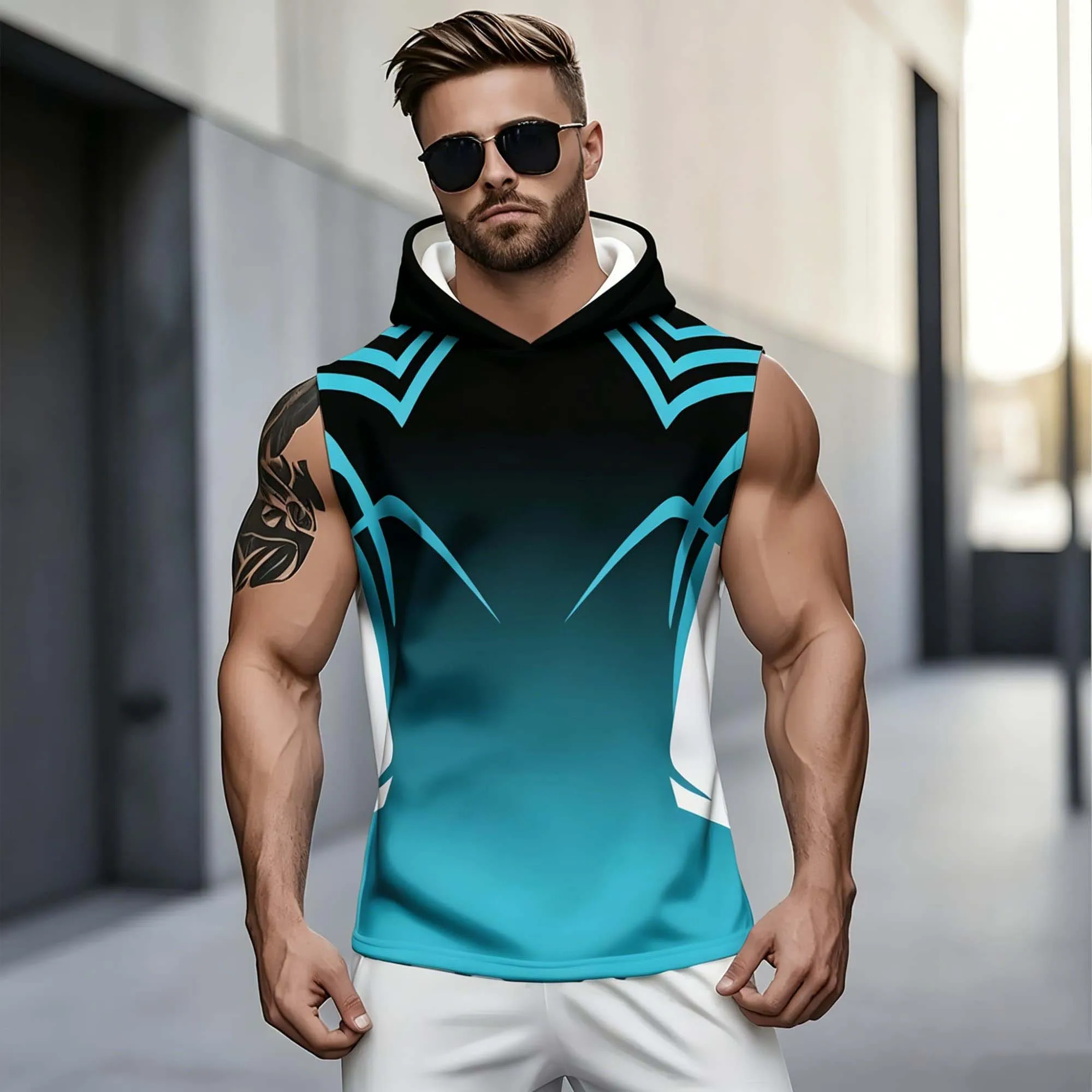 Men Casual Sports Sleeveless Hooded Vest  Gradient Geometric Graphic Breathable Bodybuilding Street Muscle Tank Top