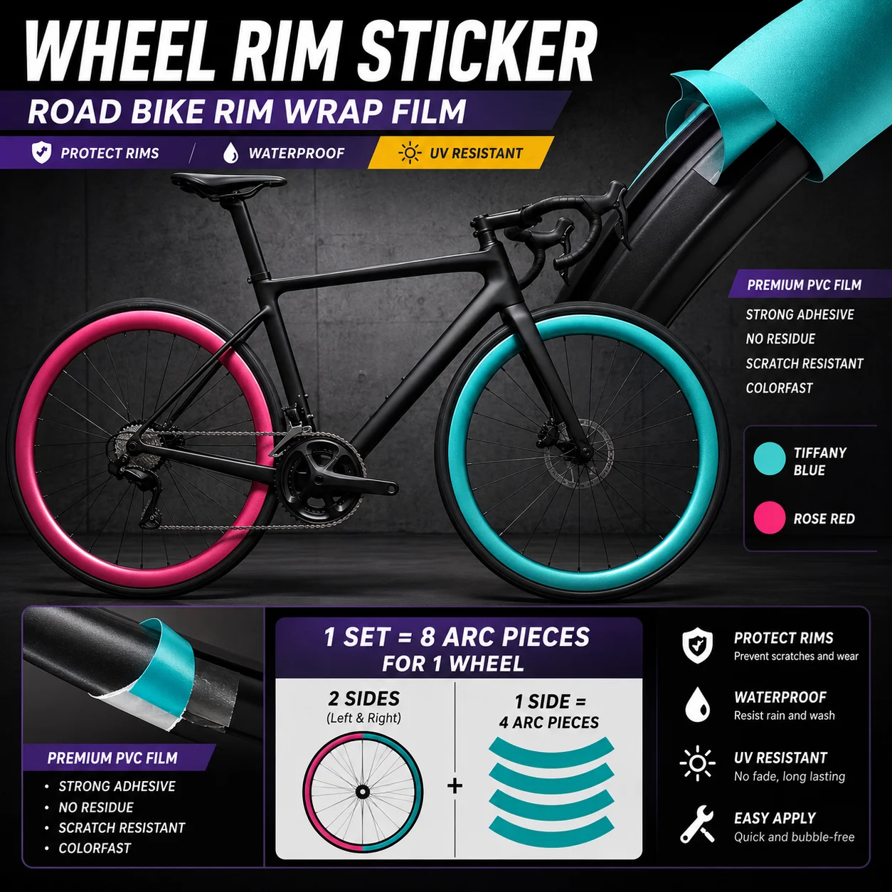 Bicycle Wheel Rim Sticker Road Bike Rim Wrap Film PVC Color Change Decal Waterproof UV Resistant 630mm 30mm