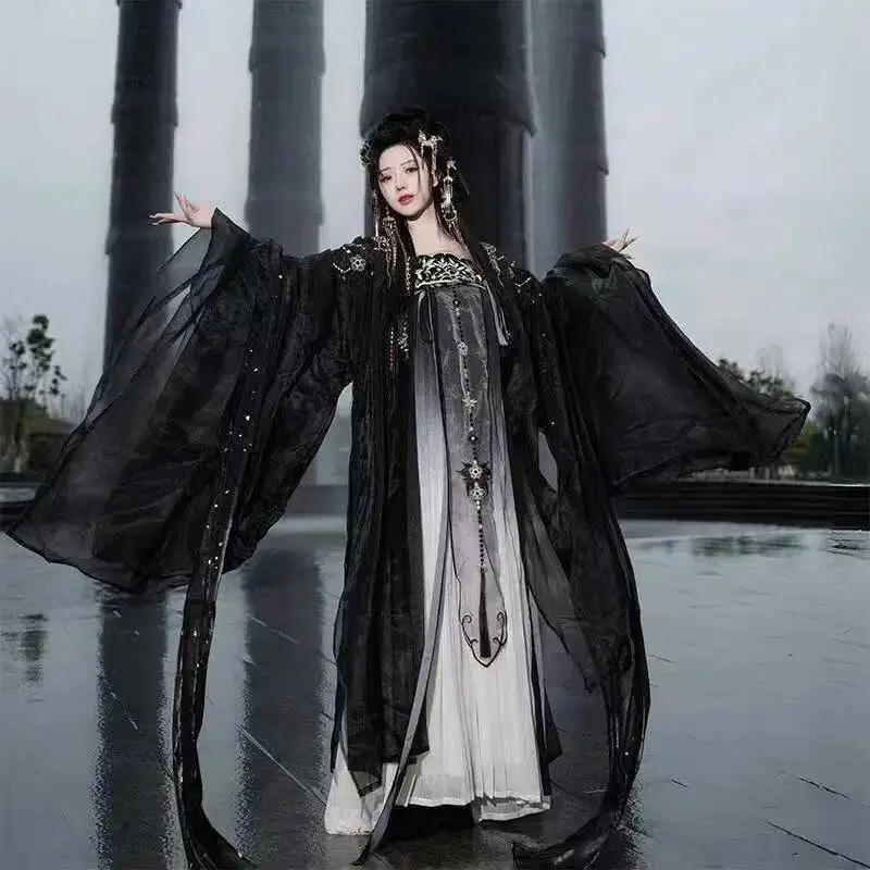 

Tang Dynasty Black Mesh Hanfu Traditional Heavy Industry Embroidery Stage Show Costume Style Princess Cosplay Suits