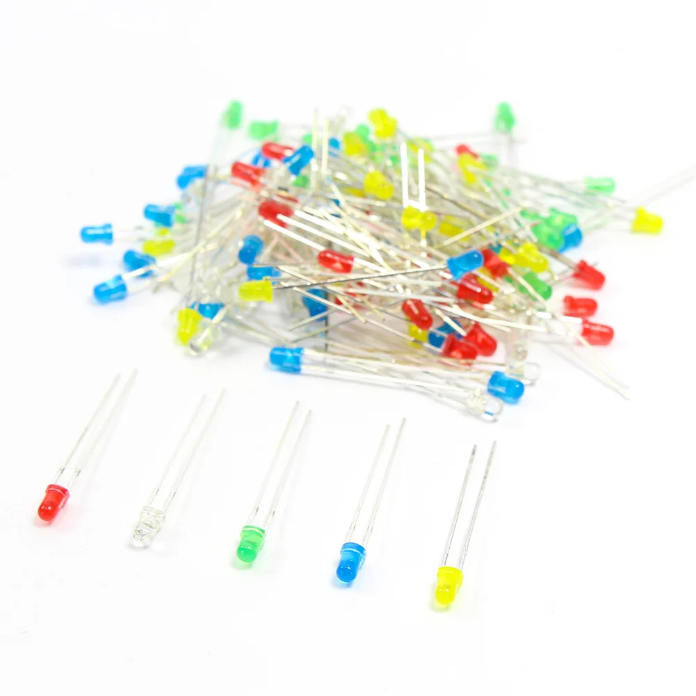 LED3 100pcs 3mm LED Mixed Color Red Yellow Blue Green White & Free Resistors